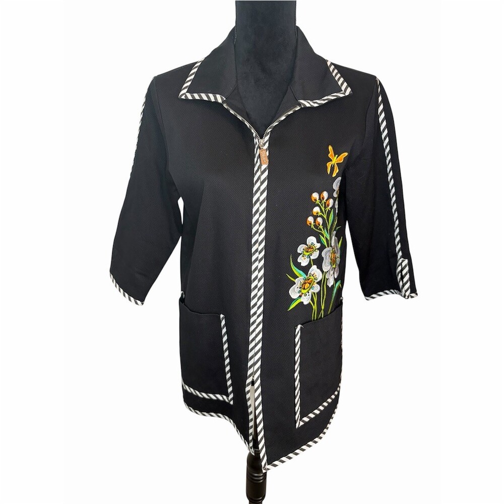VINTAGE Bob Mackie Jacket Womens S Black Zip Front Floral Butterfly Embroidery